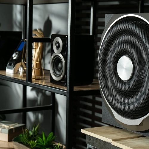 Modern powerful audio speaker system on shelving indoors