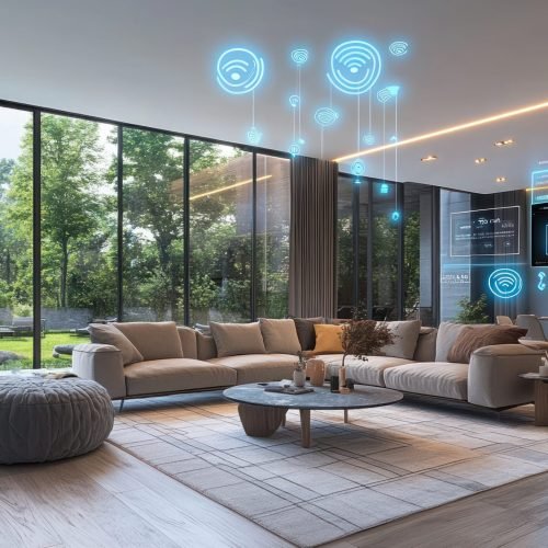 A modern smart home interior showcasing seamless technology integration.  The design is elegant and comfortable.