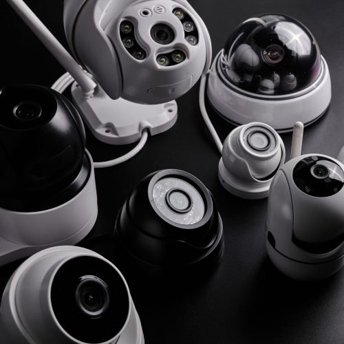 Surveillance cameras, set of different videcam, cctv cameras isolated on black background close up. home security system concept
